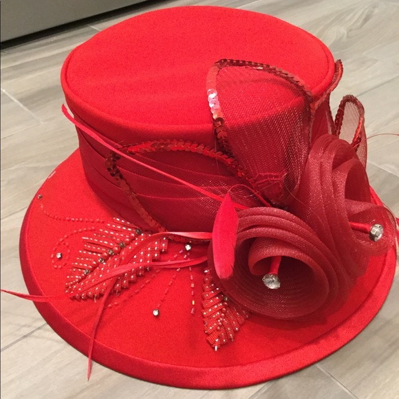 BEN MARC INTERNATIONAL VINTAGE RED FLOWER FEATHER HAT, LIKE NEW - Picture 3 of 8